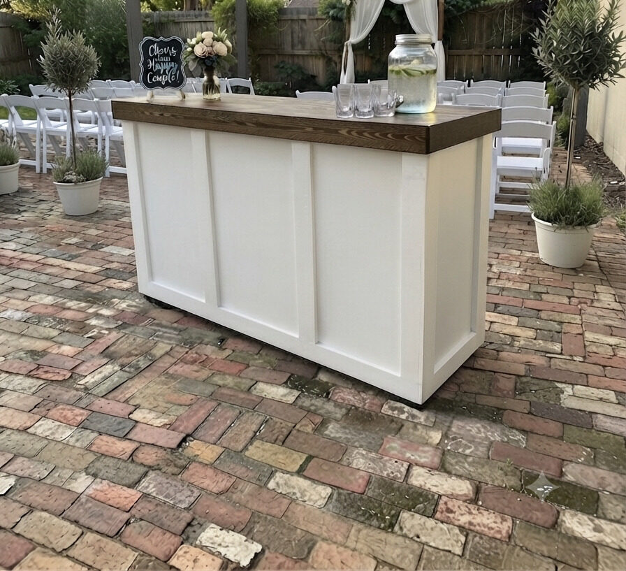 Wedding ceremony bar setup on brick patio