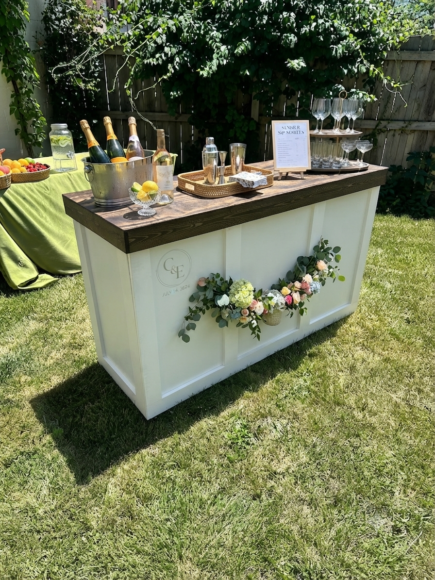 Wedding bar setup with champagne and monogram