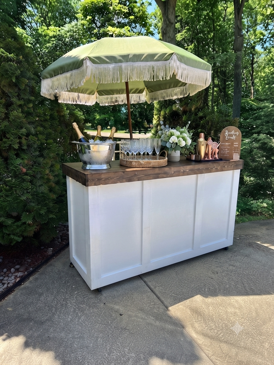 Outdoor bar setup with fringe umbrella and florals
