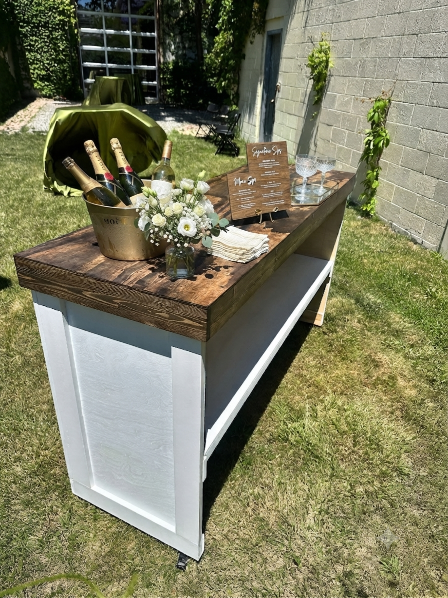 Bar setup with custom family name runner and florals